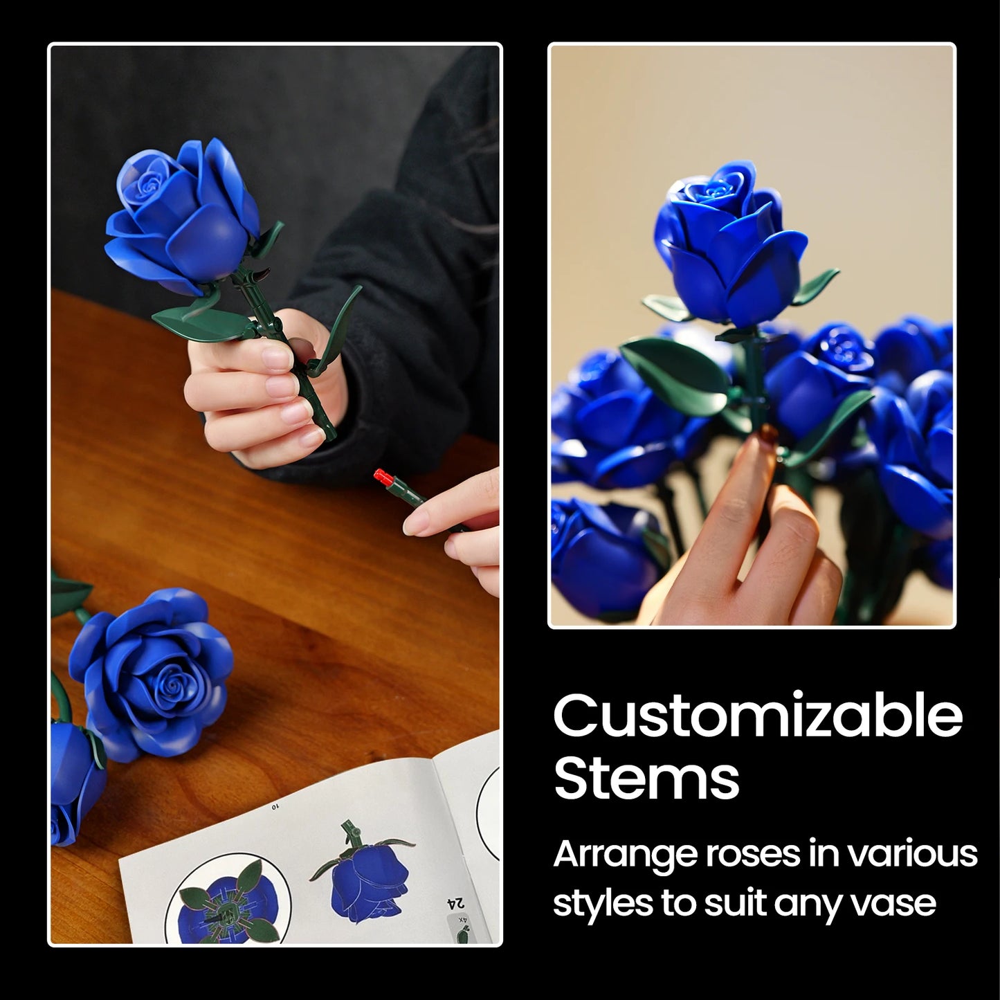 Blaue Rosen Blumenstrauß Bausteine, Künstliche Sammlung, Spielzeug für Erwachsene, Valentinstag, Geburstag oder Weihnachtsgeschenk