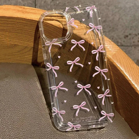 Süße rosa Herzschleifchenhülle für IPhone 16-15 Pro Max Stoßfeste, weiche, klare Hüllen