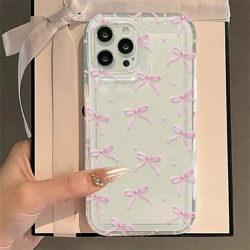 Süße rosa Herzschleifchenhülle für IPhone 16-15 Pro Max Stoßfeste, weiche, klare Hüllen