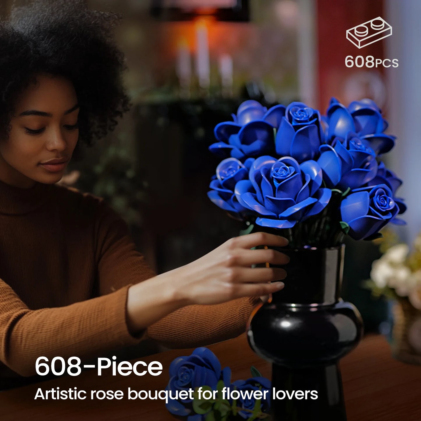 Blaue Rosen Blumenstrauß Bausteine, Künstliche Sammlung, Spielzeug für Erwachsene, Valentinstag, Geburstag oder Weihnachtsgeschenk