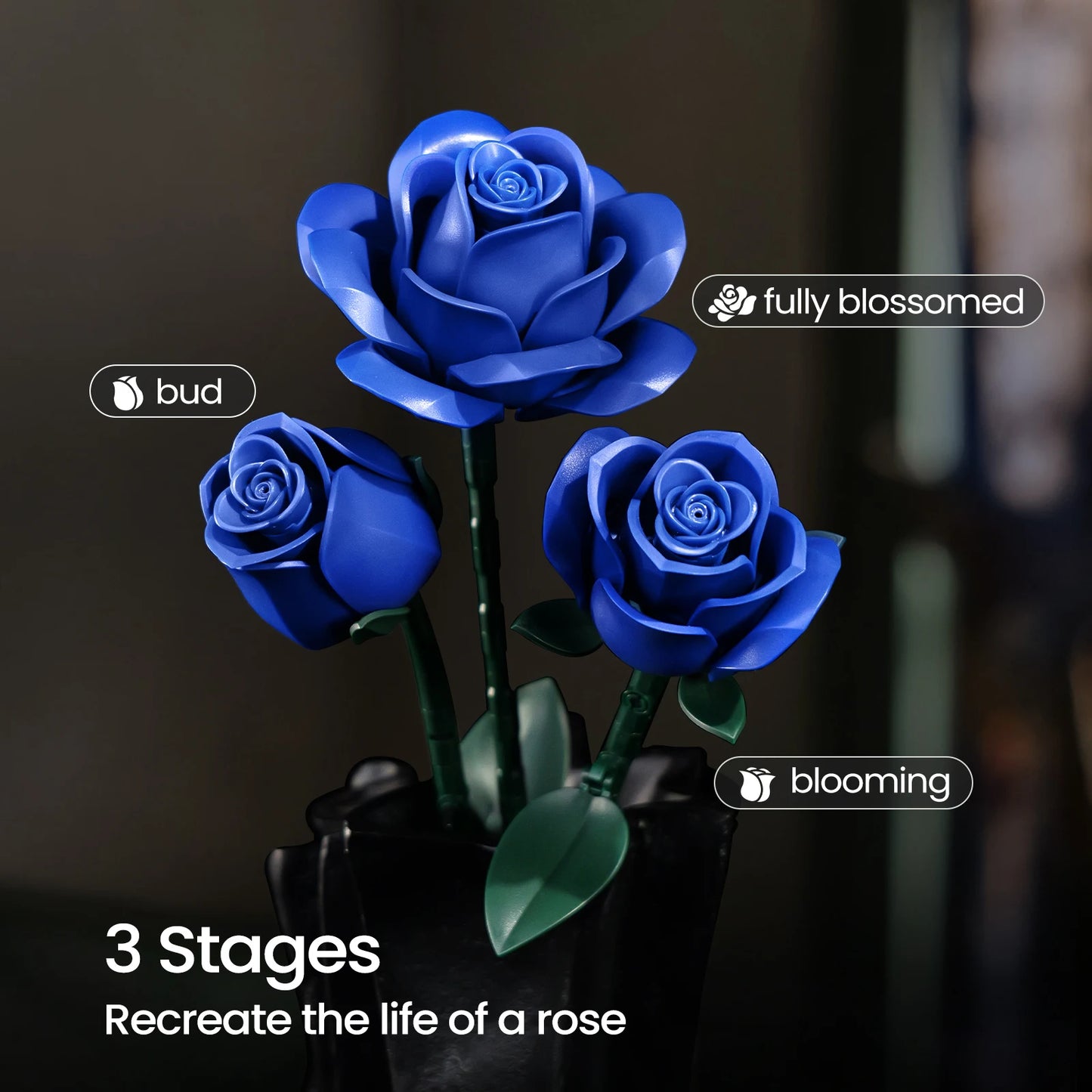Blaue Rosen Blumenstrauß Bausteine, Künstliche Sammlung, Spielzeug für Erwachsene, Valentinstag, Geburstag oder Weihnachtsgeschenk